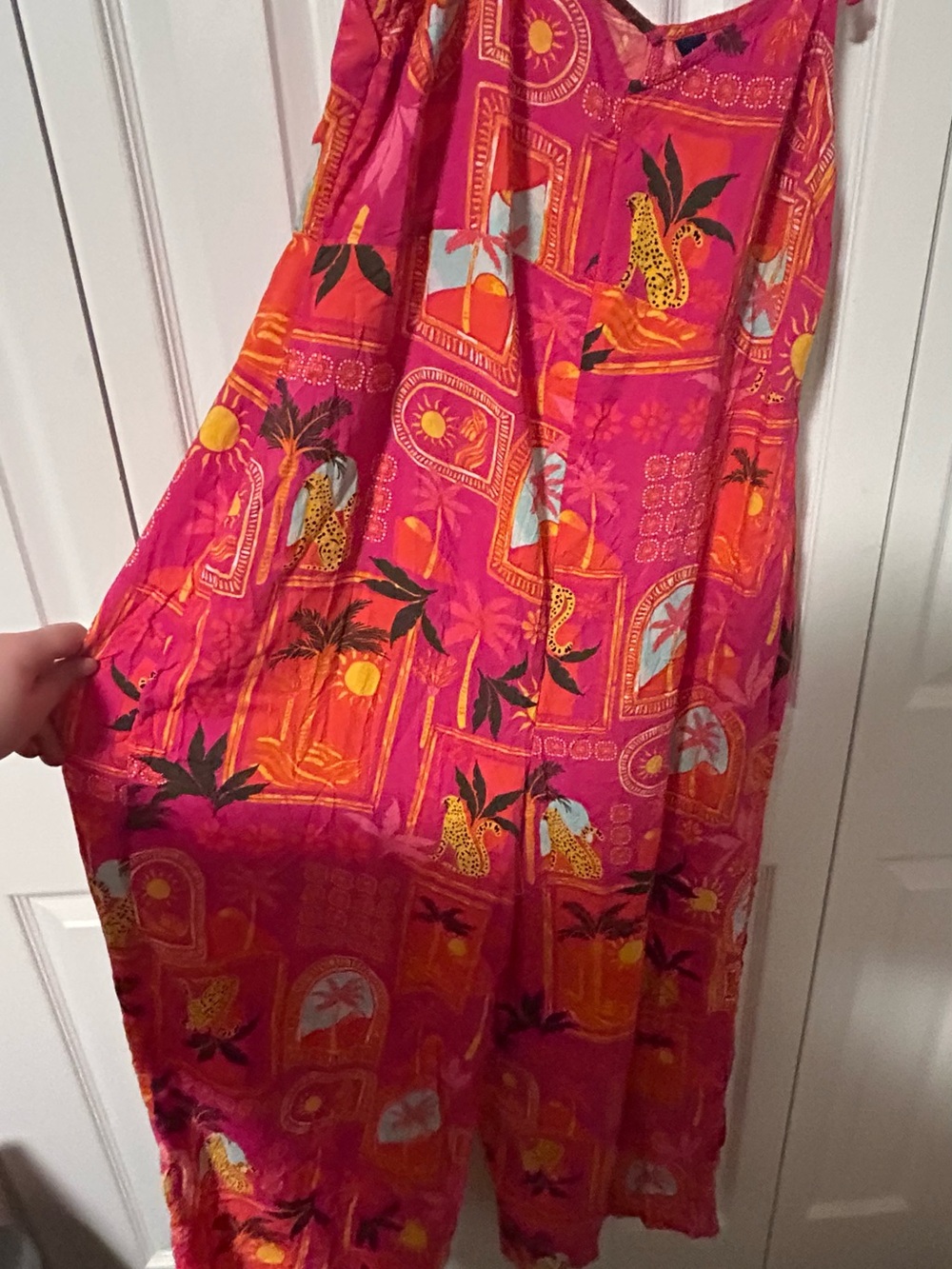 🐆 Bright Pink orange Tropical palm cheetah Print Wide-Leg Jumpsuit tie straps - Picture 4 of 8